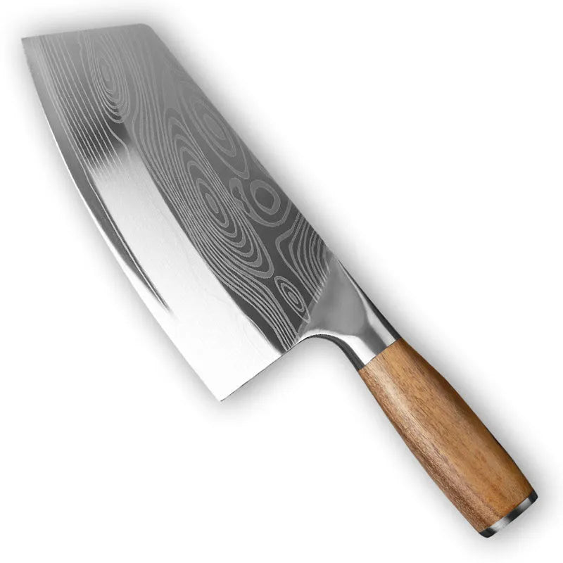Stainless steel kitchen knife with a 320mm blade on a cutting board.