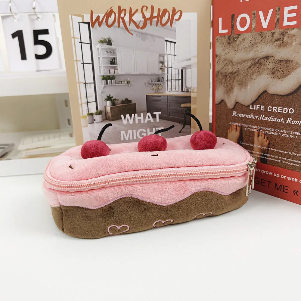 Cherry cake plush design velvet pencil bag in Korean style