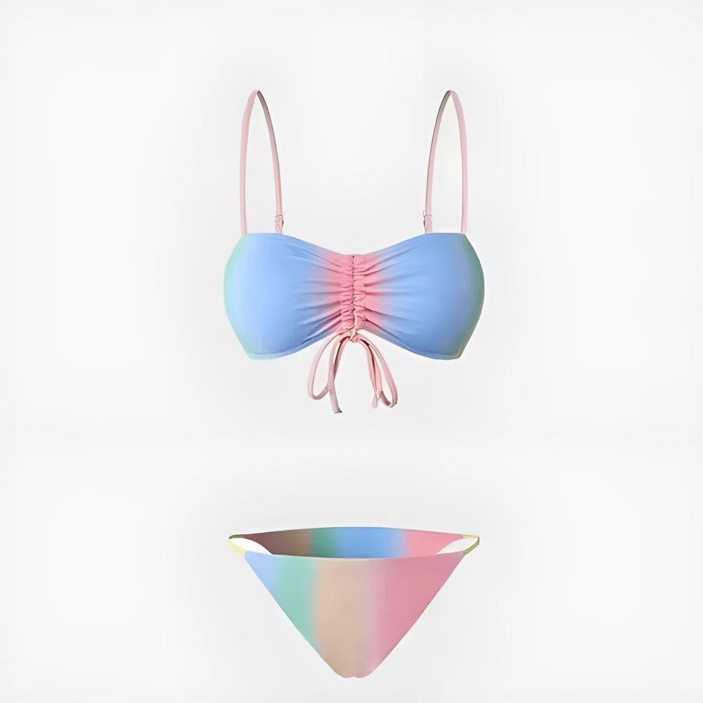 Women's lace-up triangle bikini swimsuit top and trousers set in a colour matching option.