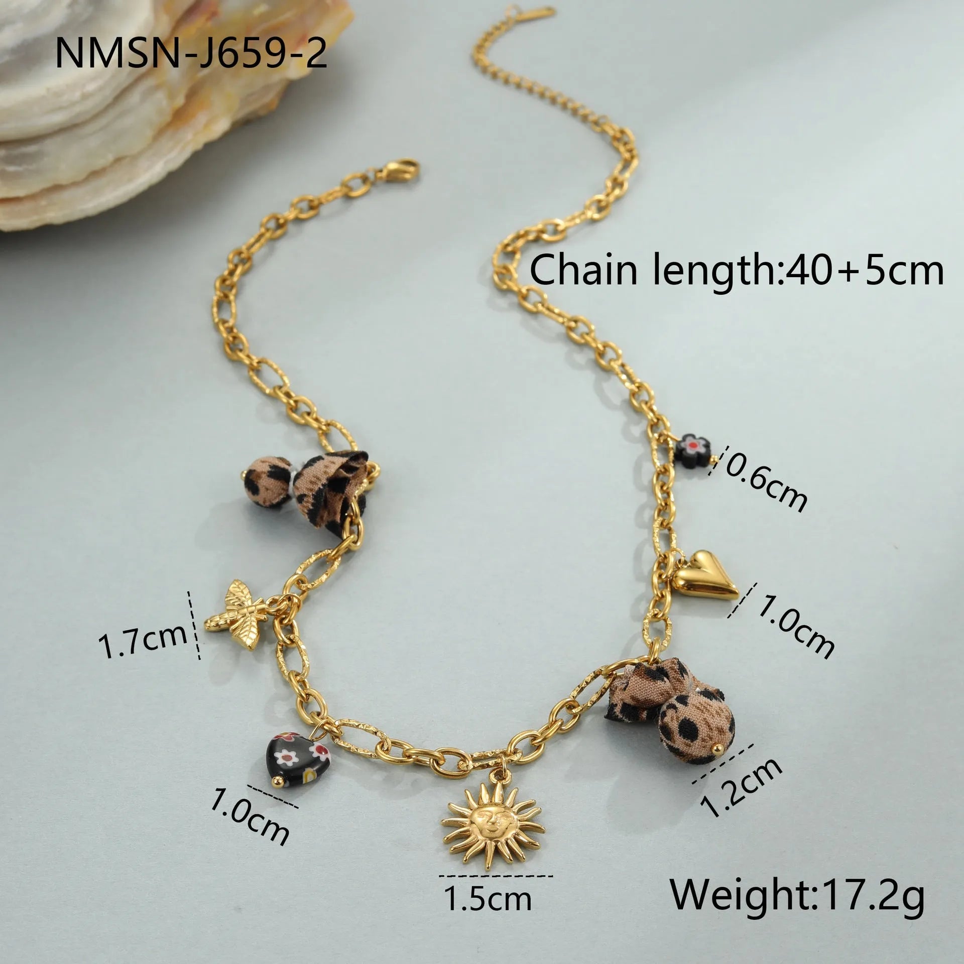 Stainless steel necklace with leopard, heart and flower pendant on adjustable chain