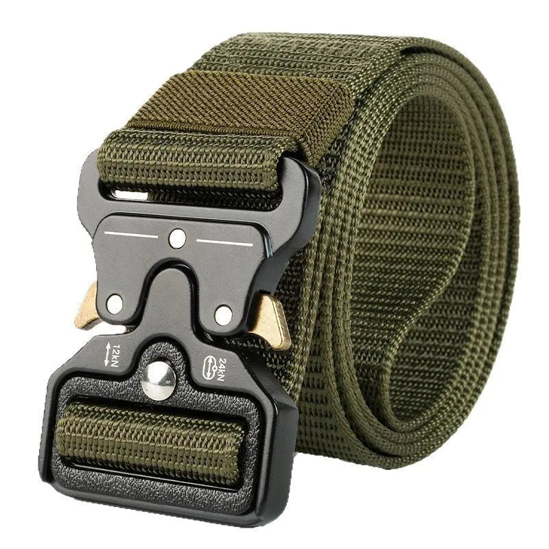 Men's thick canvas tactical belt with an alloy buckle shown in multiple colour options: black, khaki, green, blue, and brown.