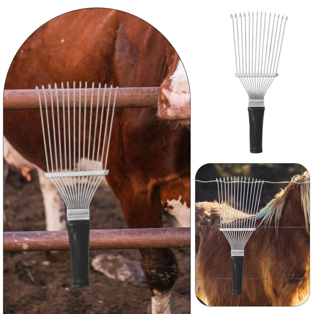 Stainless steel dematting brush rake comb for grooming horses, dogs, and livestock.