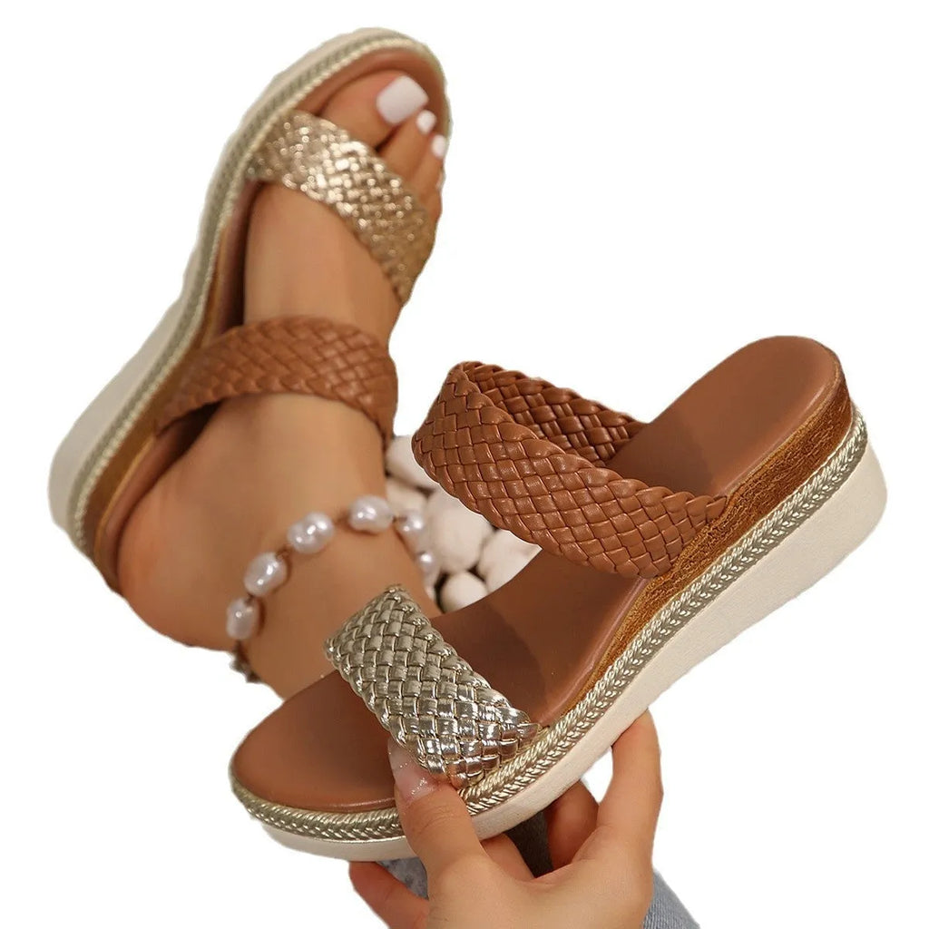 Women's gold and silver wedge sandals with PU upper and rubber sole in sizes 36-43