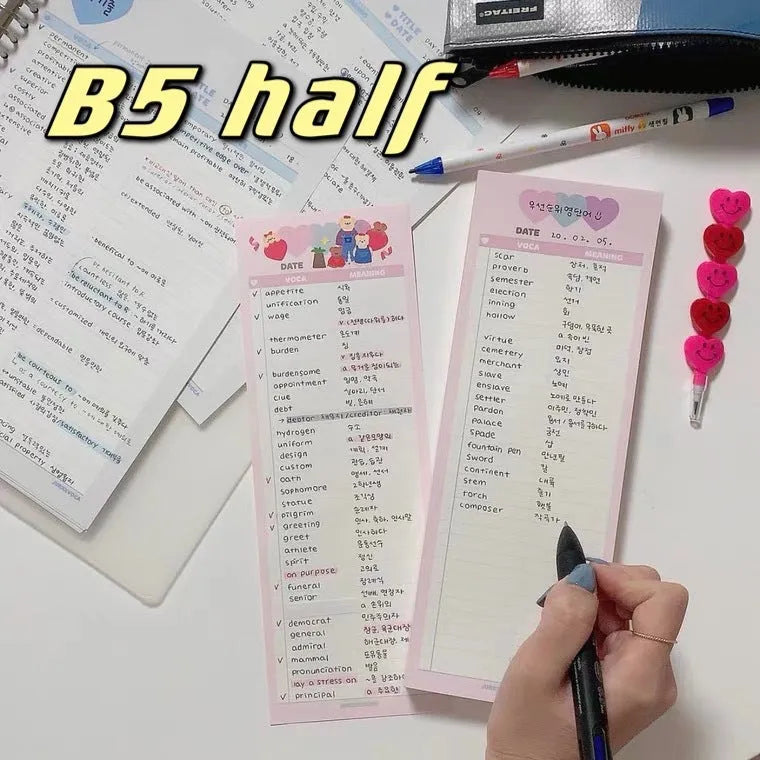 Vertical English learning notepad with double-sided printing in B5 half size