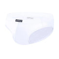 Men's solid colour low-waist seamless briefs in white, black, and pink on a size chart.