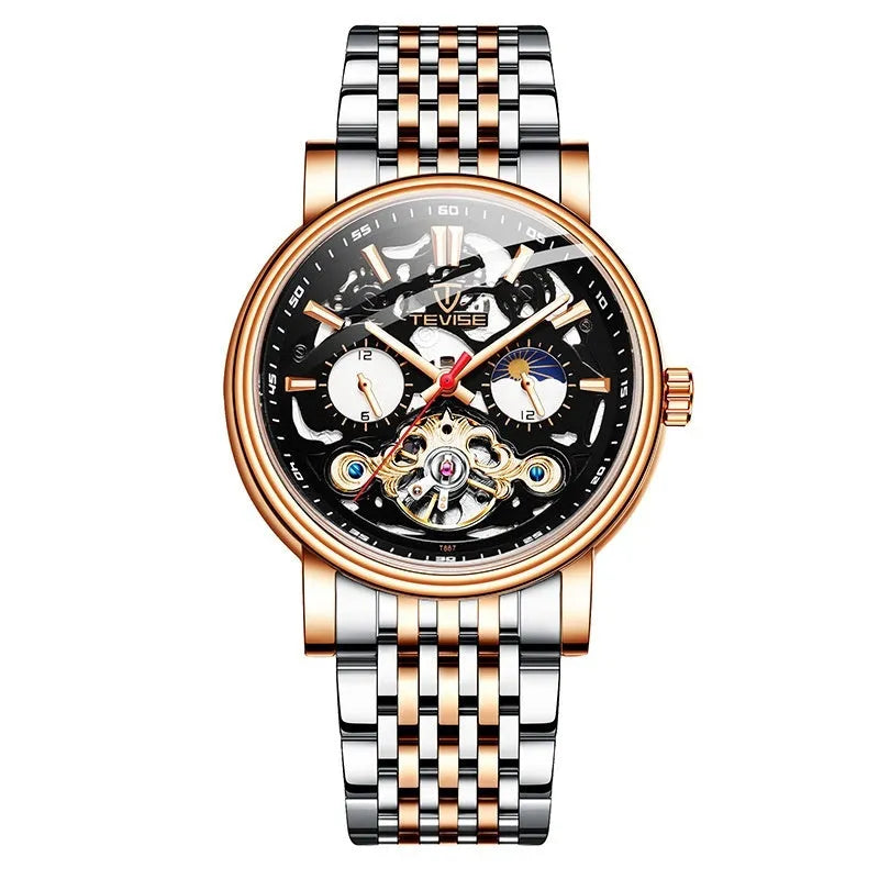 Men's mechanical tourbillon watch with luminous dial and waterproof case in T867 Black colour.