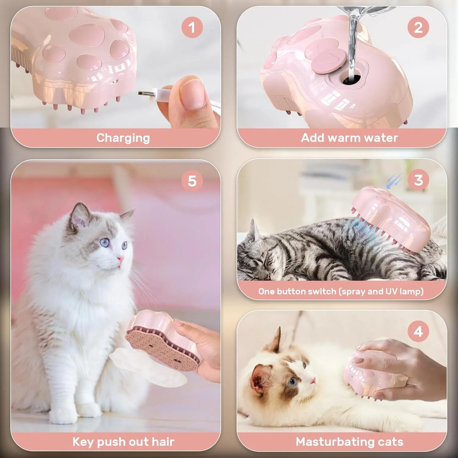Blue rechargeable self-cleaning cat steam brush with silicone bristles and mist spray bottle