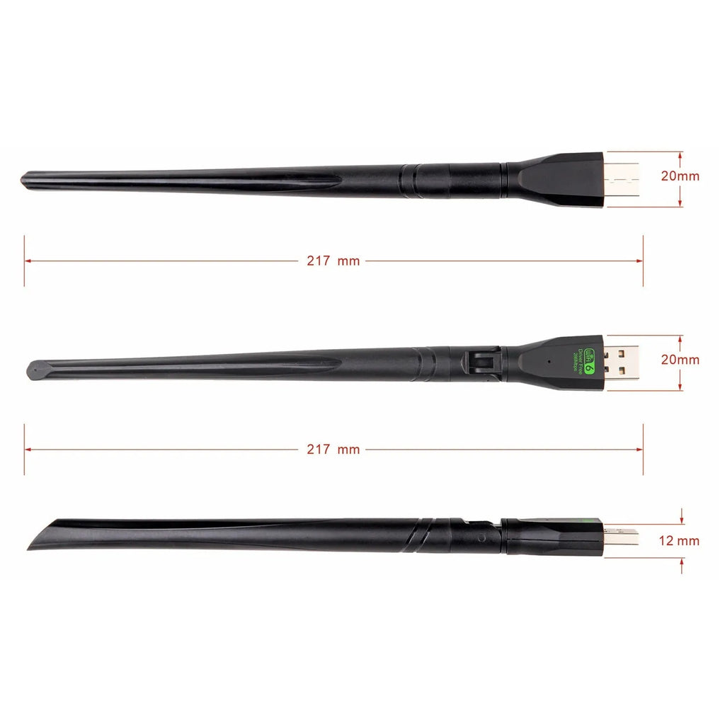 Black USB WiFi 6 wireless network card adapter for desktop PC and laptop connectivity.