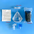 Transparent CPAP breathing mask with silicone and PC materials, headgear, and adapter elbows.