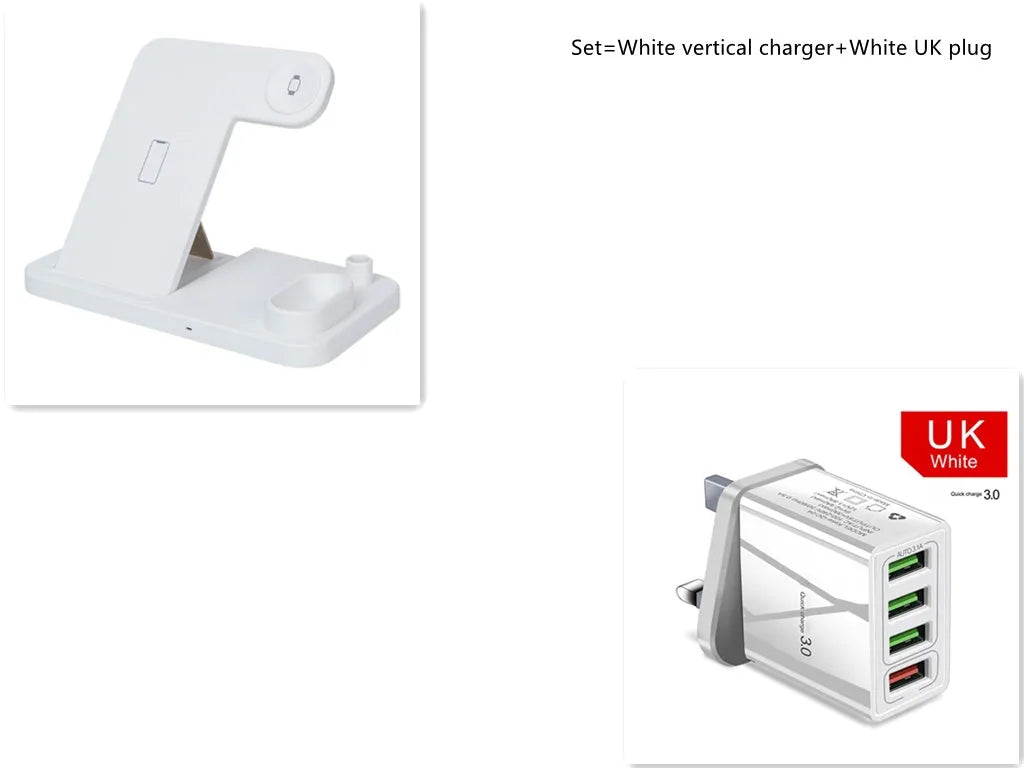 4-in-1 wireless charging station with adjustable stand charging iPhone, Apple Watch, and AirPods