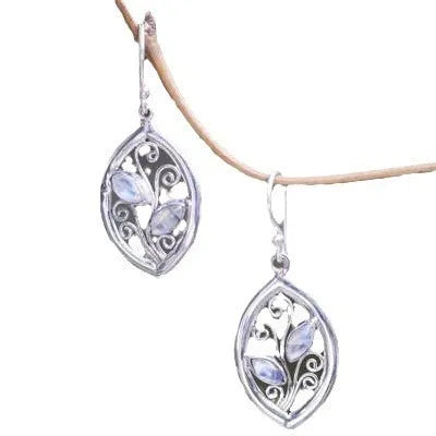 Silver alloy earrings with leaf shape containing colourful embedded moonstone