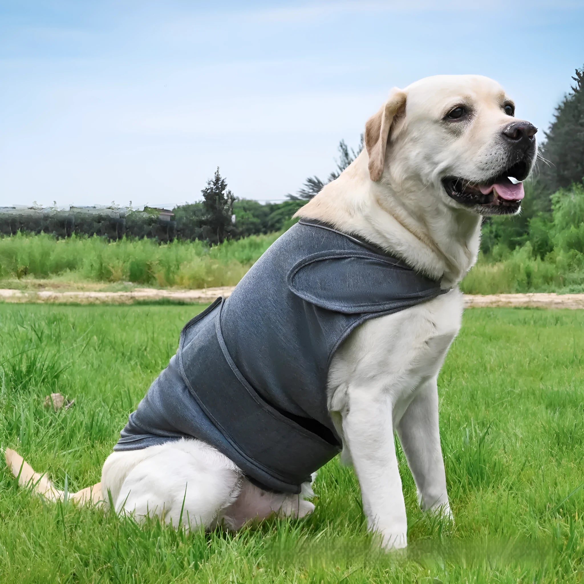 Dog wearing brown anxiety relief tank top for separation anxiety with cotton blend fabric