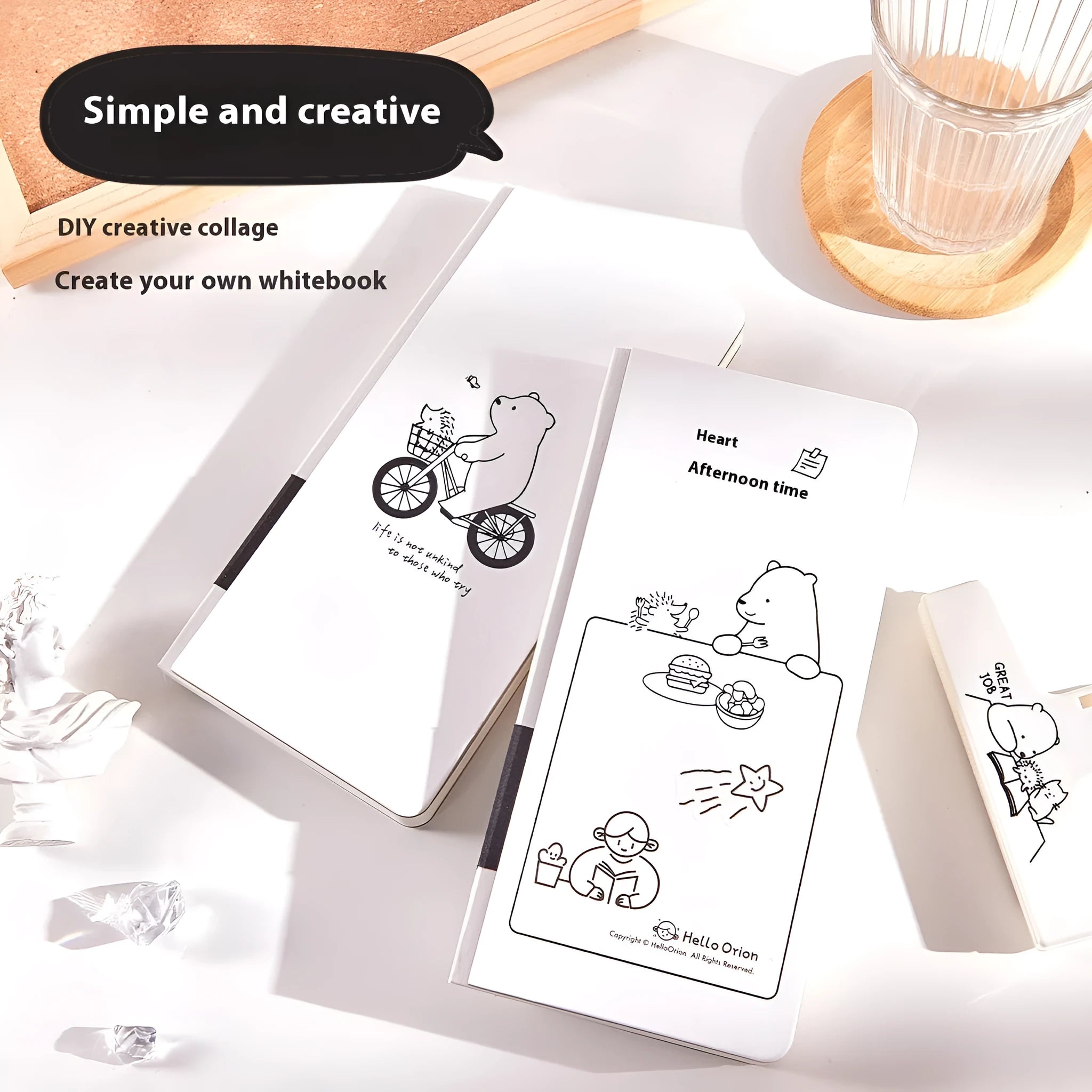 Small white plaid grid notebook with paper cover and decorative stickers