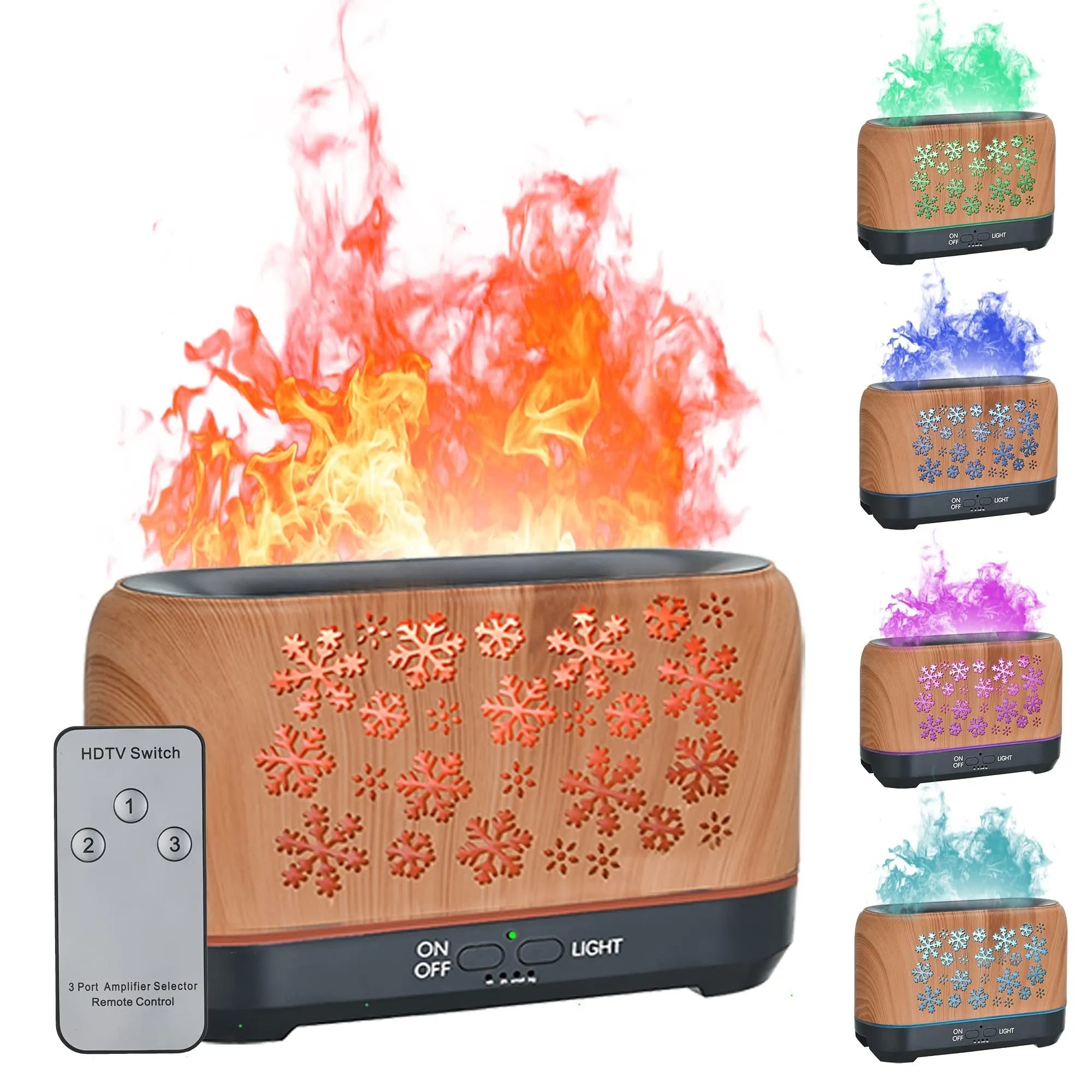 Square woodgrain aromatherapy humidifier with colourful snowflake pattern and multicoloured flame light effect.