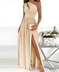 Women's one shoulder cocktail maxi dress with high thigh split and cutout sleeve detail in soft fabric