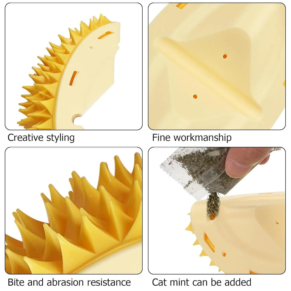 Yellow durian-shaped cat corner scratcher and massage comb mounted on a wall