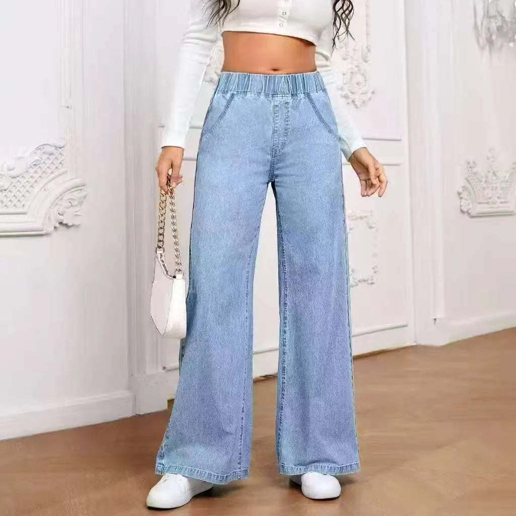 Light blue washed plus size wide-leg jeans with straight cut and mid waist design