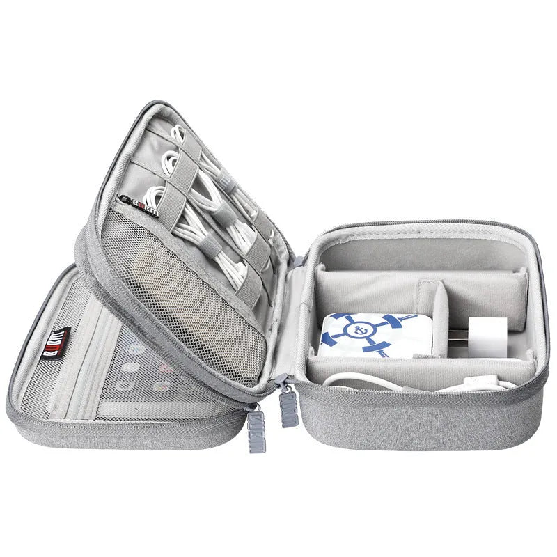 Black and grey EVA digital storage bag organiser for headphones and cables.