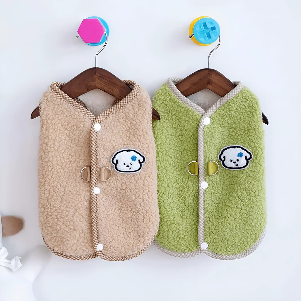 Green coral fleece dog vest with a metal leash ring on the back for a small dog