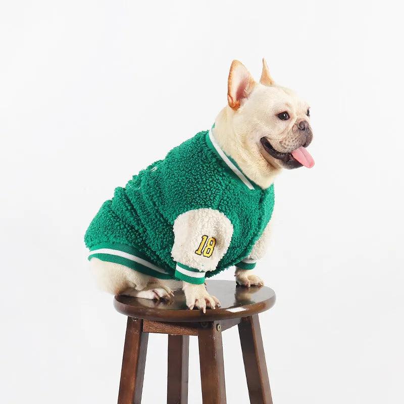Green fleece-lined dog winter jacket shown in sizes L, XL, XXL, 3XL, and 4XL