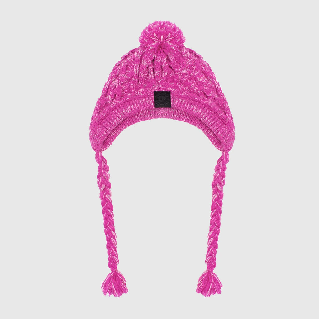 Acrylic knit dog hat with fluffy ball decoration in grey, side view showing knitting pattern