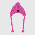 Acrylic knit dog hat with fluffy ball decoration in grey, side view showing knitting pattern