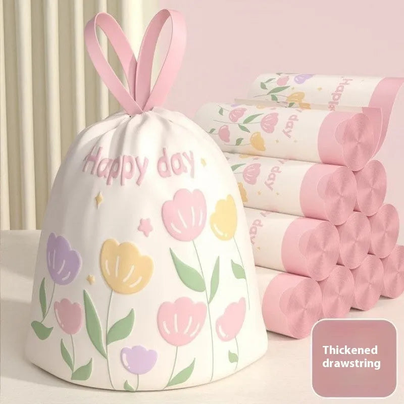 Pink drawstring garbage bags with degradable PE material and argy wormwood mosquito repellent properties