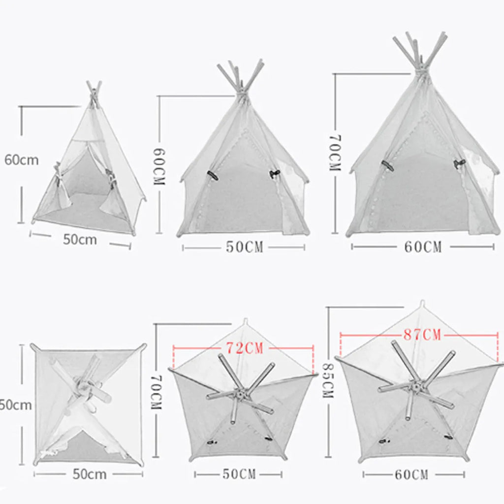 Striped flax and linen pet teepee tent with a cushion inside, for small dogs or cats.