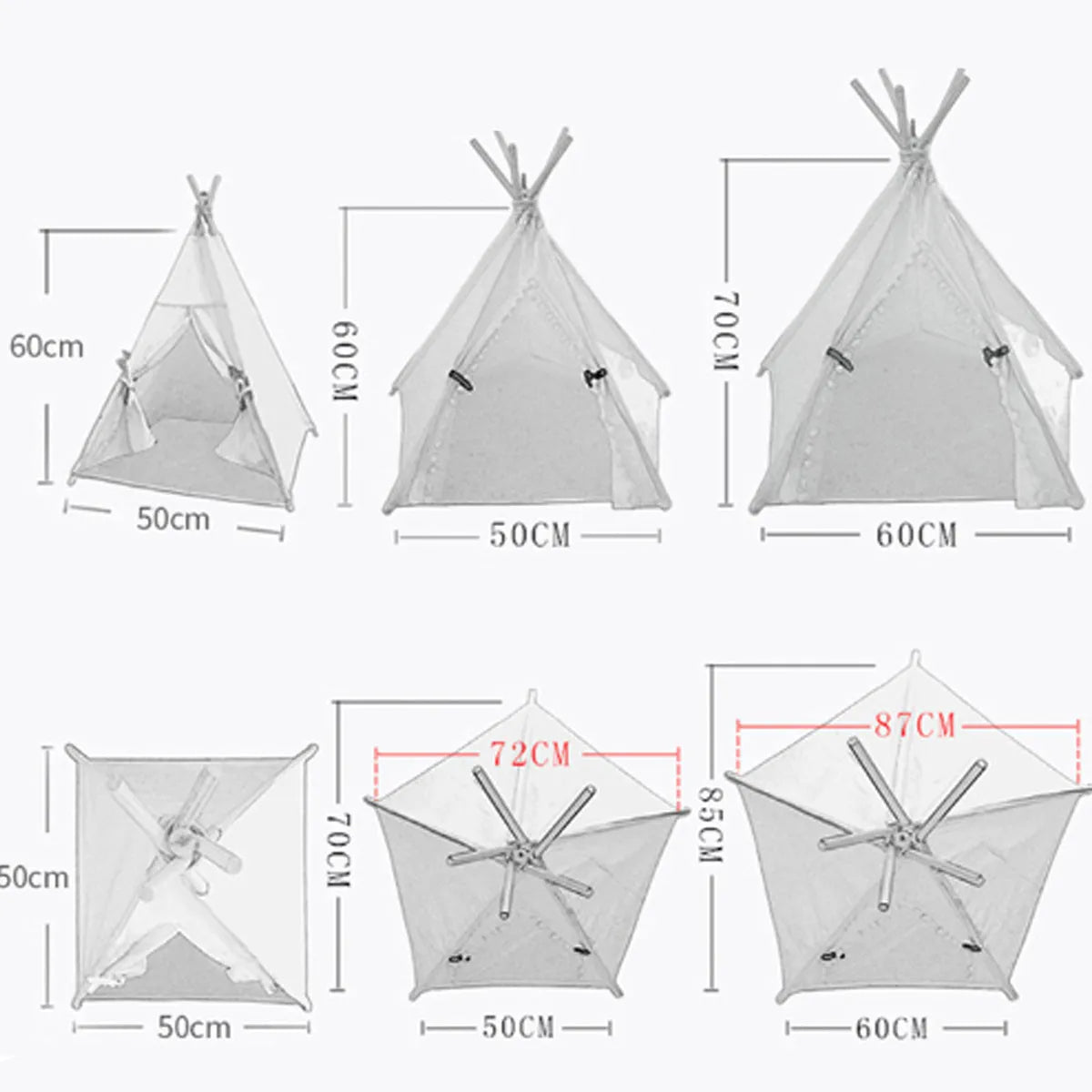 Striped flax and linen pet teepee tent with a cushion inside, for small dogs or cats.