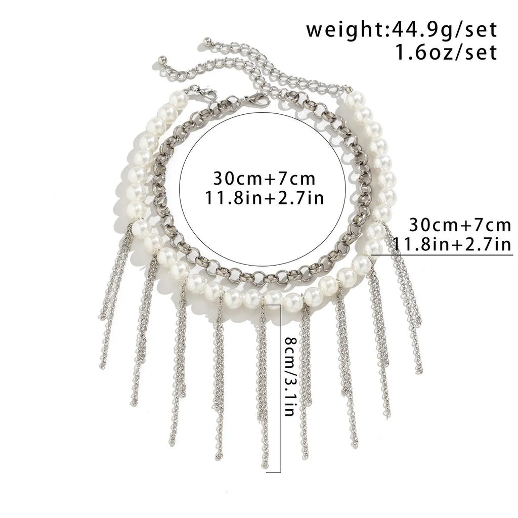 Double-layer imitation pearl tassel necklace with iron pendant and ball bead chain in white K colour