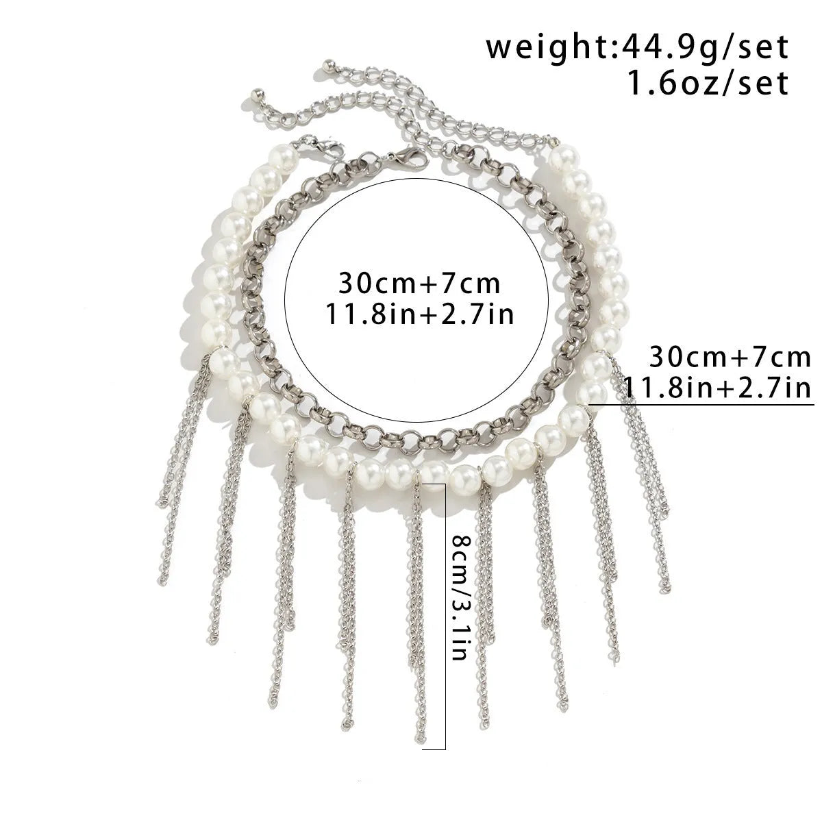 Double-layer imitation pearl tassel necklace with iron pendant and ball bead chain in white K colour