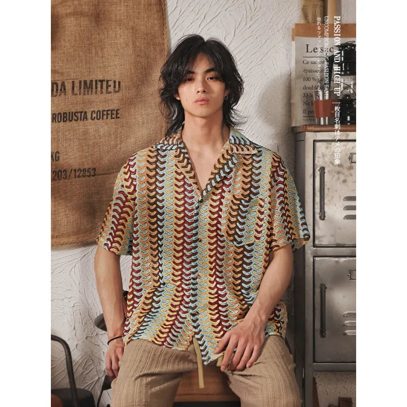 Grey and red men's Cuban collar short sleeve shirt with Japanese jacquard pattern, slim fit.