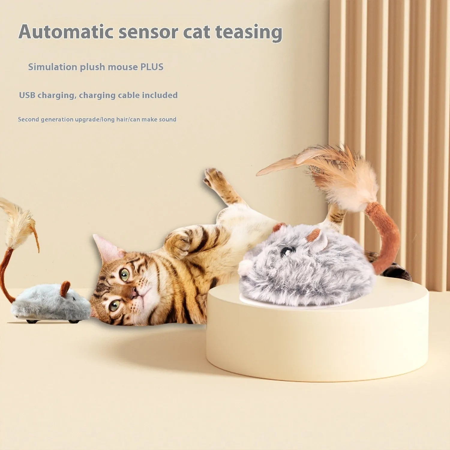 Electric cat toy with plush mouse on pole, available in dark grey, pink or purple colours