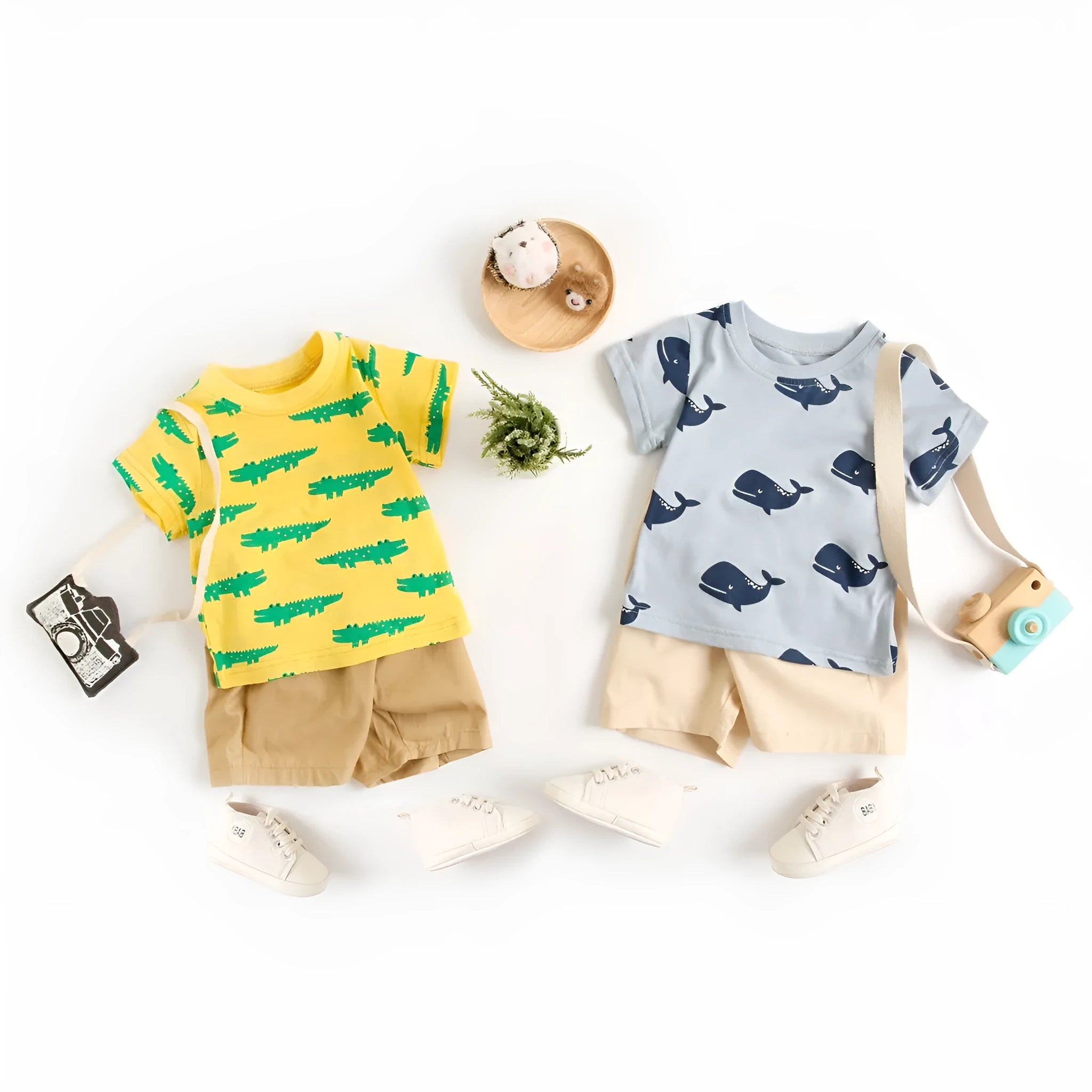 Cotton Baby Boy Summer Suit Cartoon Animal Print Top and Pants Set for Infants and Toddlers Age 0-3 Years Blue Whale or Yellow Crocodile Colour Options