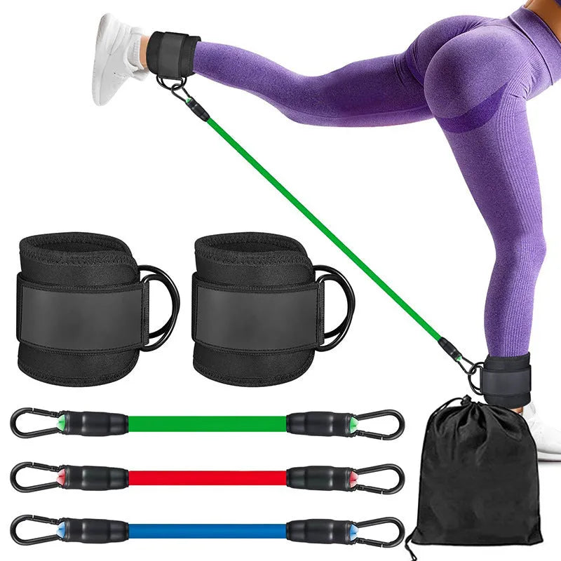 TPE resistance band set with three tension levels and ankle foot loops for leg workouts