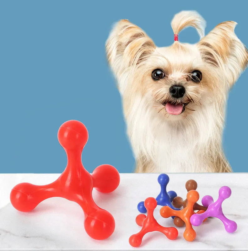 Blue three-legged silicone bone chew toy for small and medium dogs on a plain background.