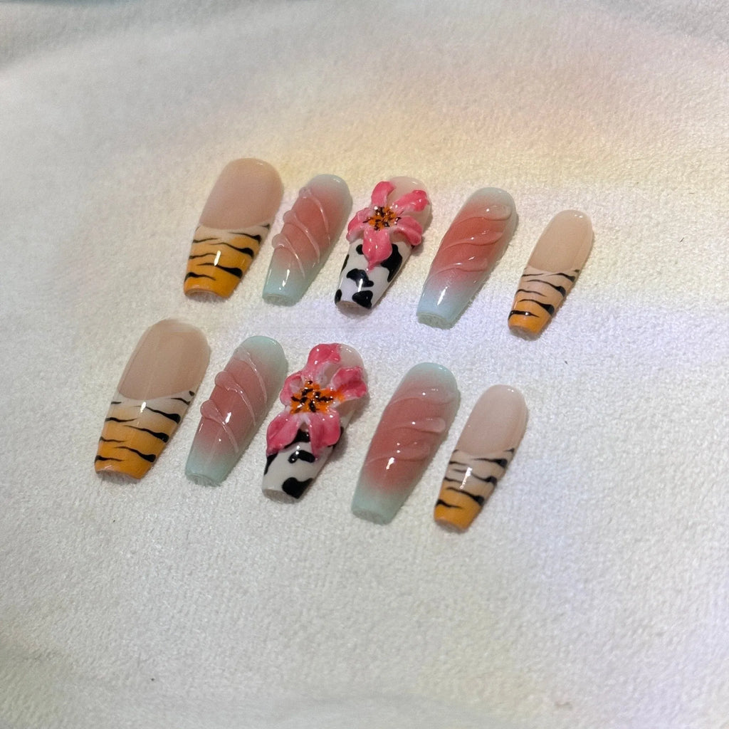 Zebra pattern Lily hand carving nail art set with embossed flower and leopard print designs