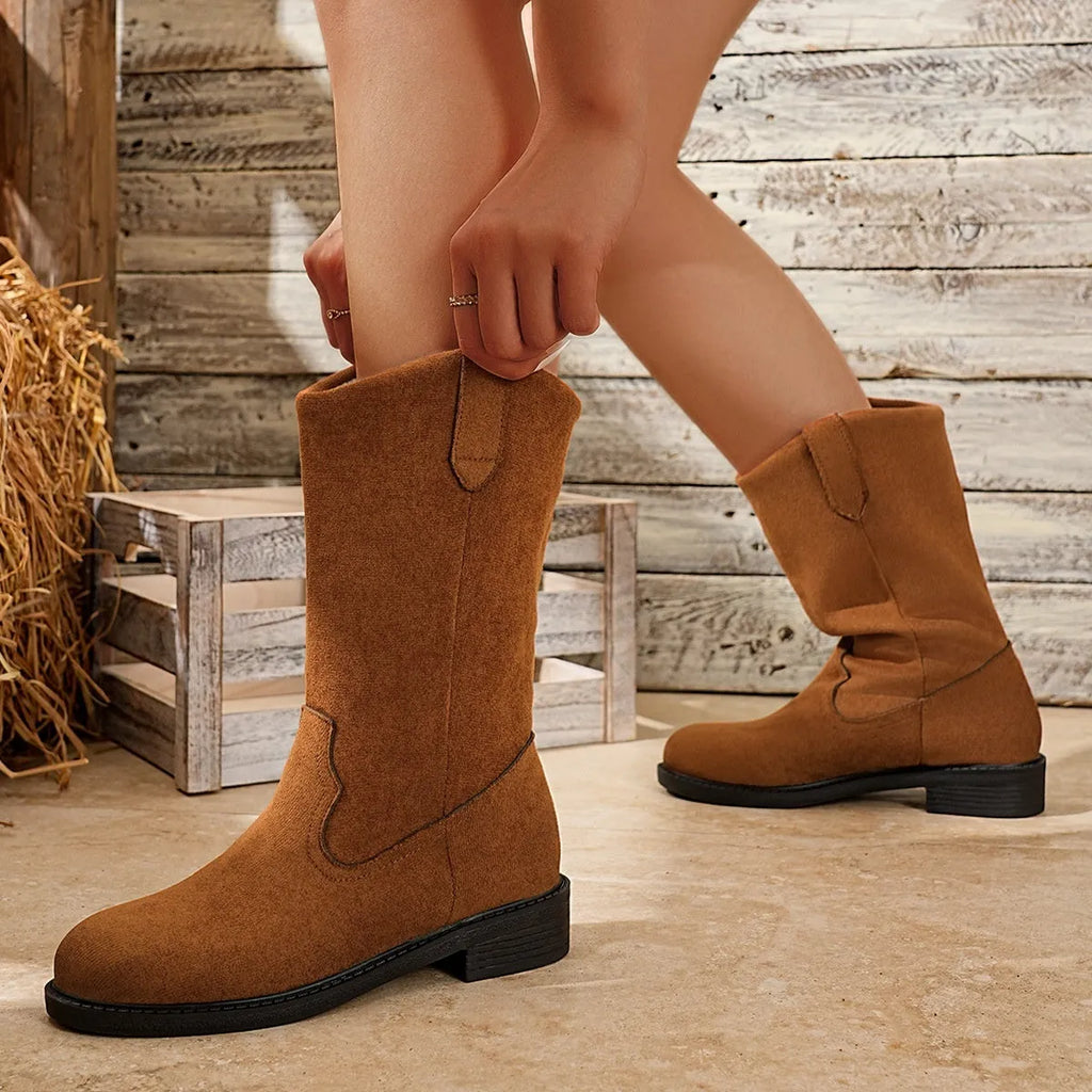 Women's oversized thick heeled black velvet fashion boots with PU upper and rubber sole
