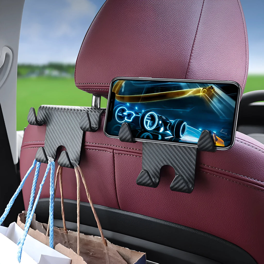 Black car multifunction hook bracket with integrated phone holder for rear seat storage organisation