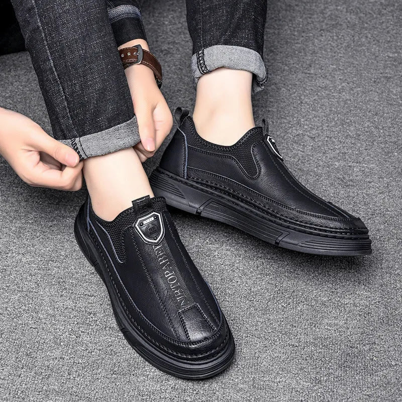 Men's black and brown round toe leather casual shoes showing front and side views