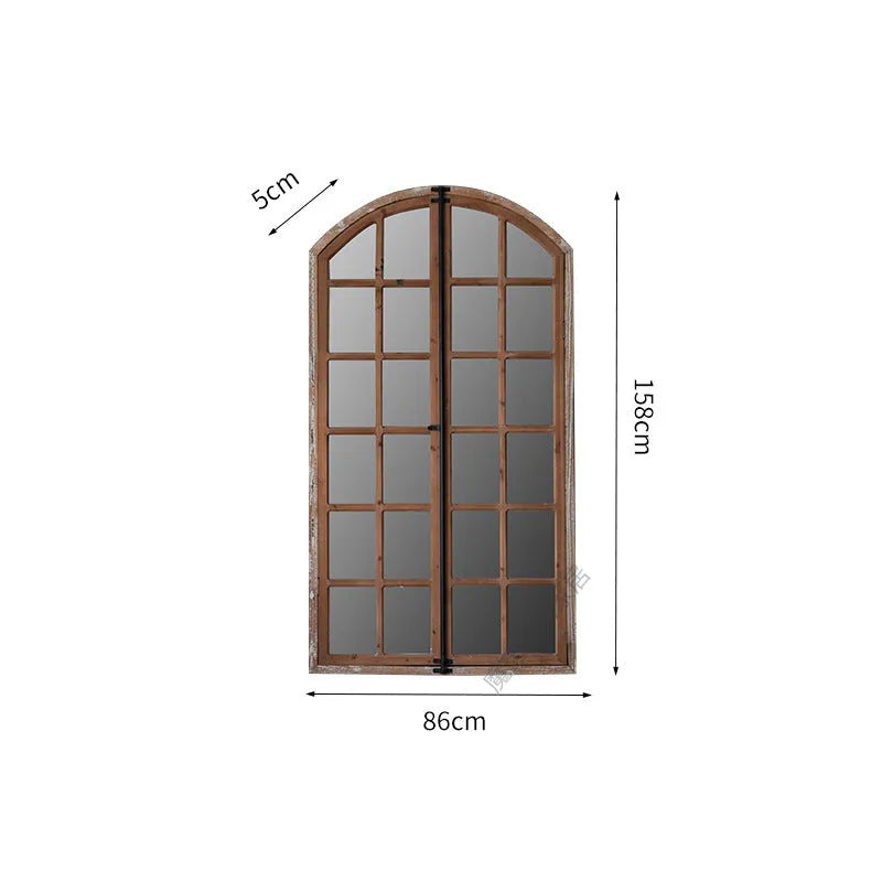 Distressed log colour wooden fake window style wall mirror with rustic frame.