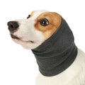 Blue or grey polyester dog comforter headband scarf shown in small, medium, and large sizes