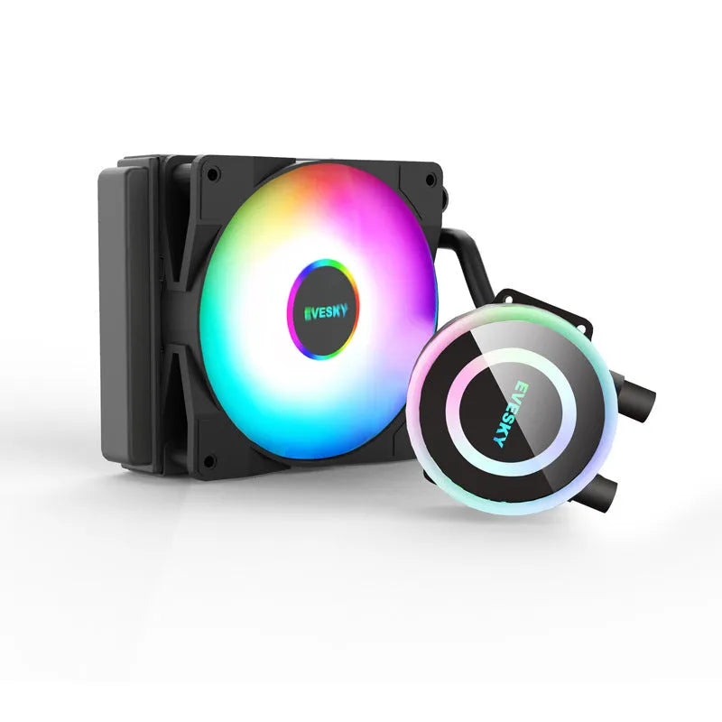 Aluminium CPU liquid cooling radiator with fan, available in 120mm, 240mm, and 360mm sizes with RGB lighting options.