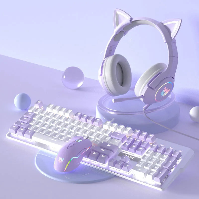 Purple and white wired mechanical keyboard and mouse set with backlight illumination
