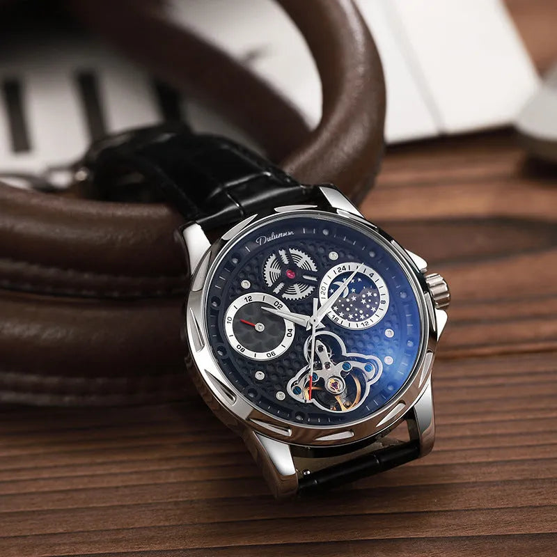 Men's automatic watch showing black and white colour options with leather strap and steel bracelet.