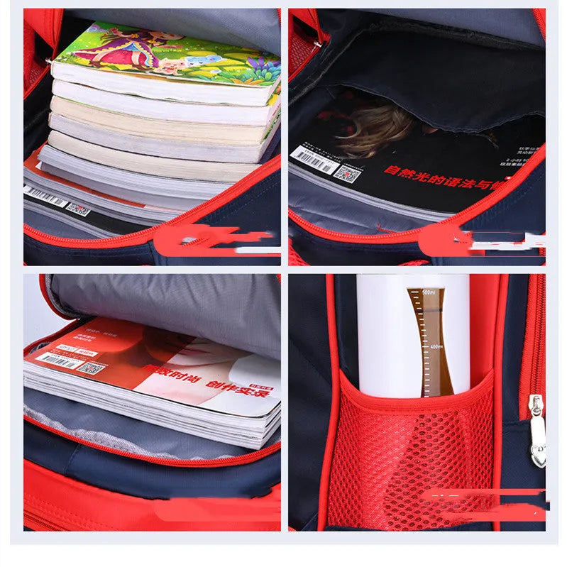 Blue children's cartoon print school backpack with pencil case, shown with dimensions 30cm by 14cm by 42cm.