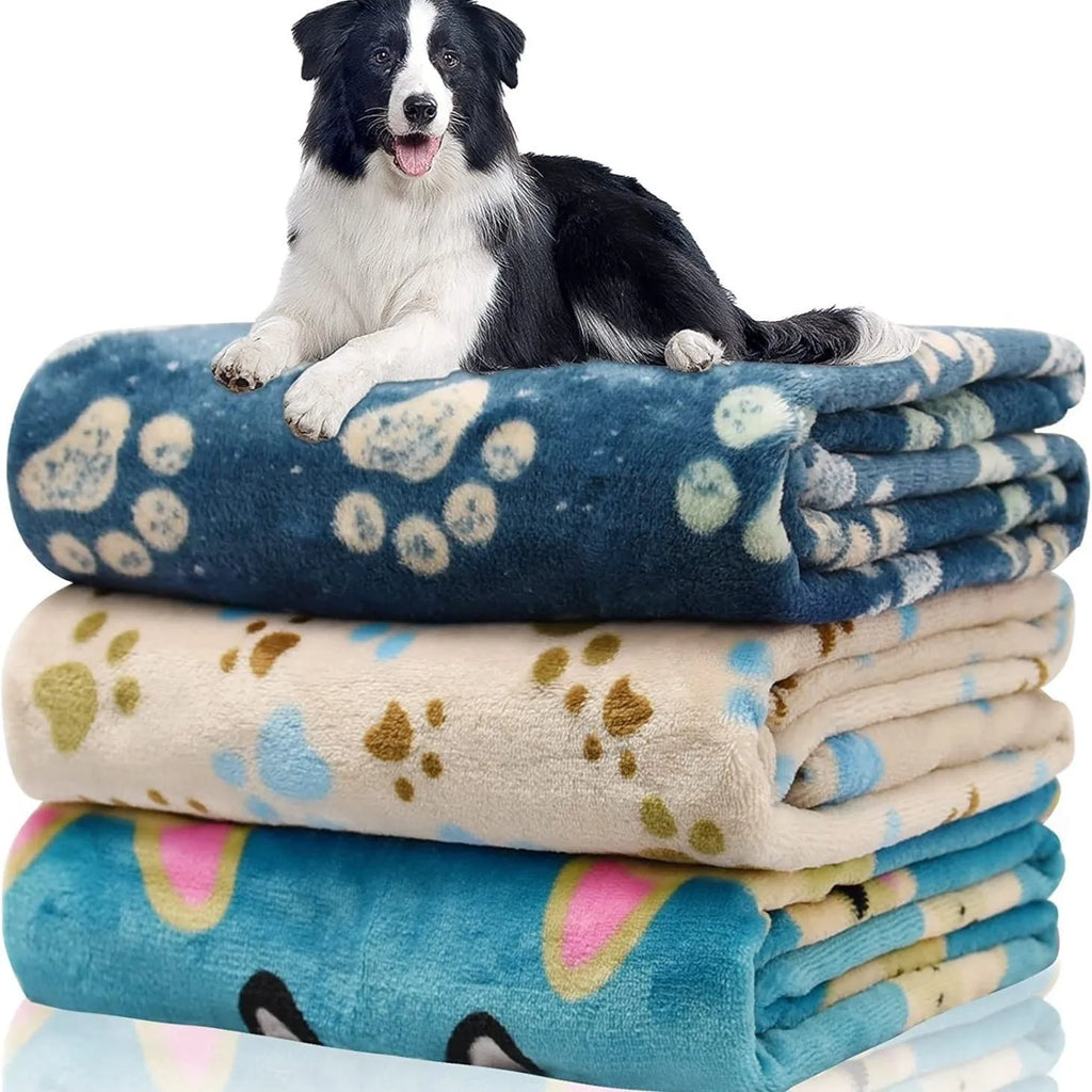 Blue cartoon dog pattern double-sided flannel pet blanket shown at 100x120cm size.