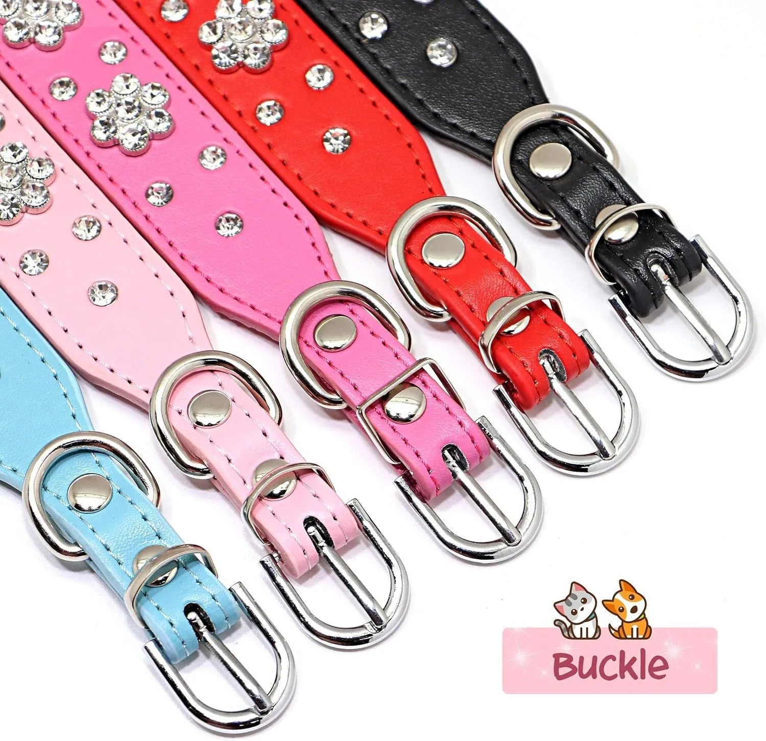 PU leather dog collar with rhinestone flower pattern and metal studs on a small dog