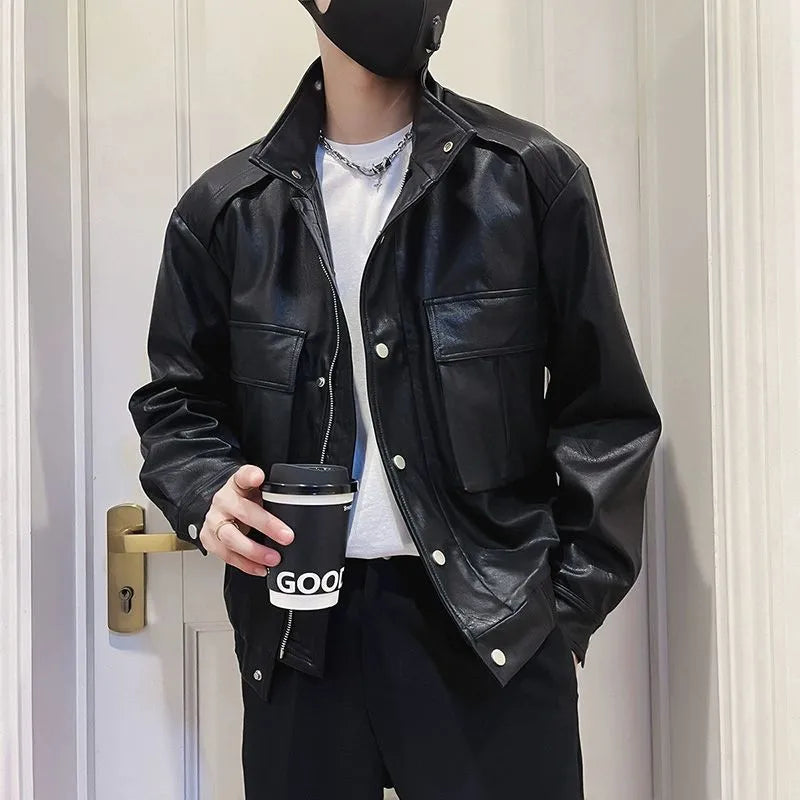 Men's black PU leather pilot jacket with side pockets and straight hem.