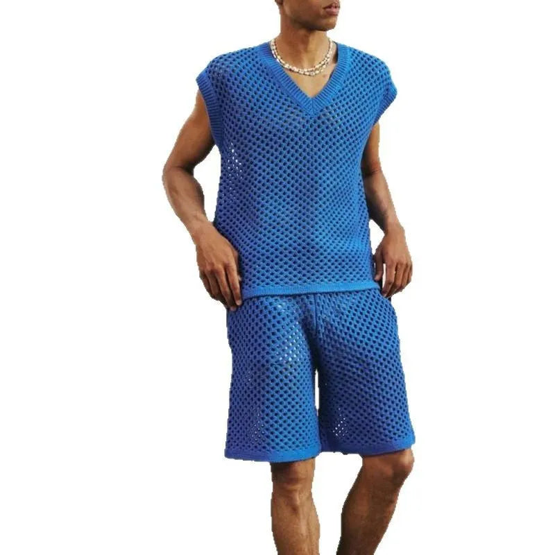 Men's blue V-neck knitted vest and shorts sports set for summer